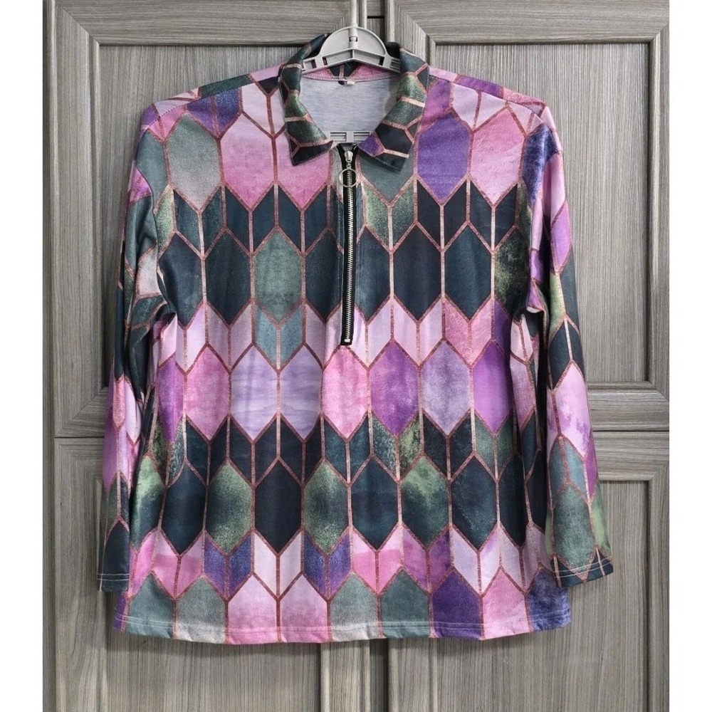 Ladies Pullover XXL Long Sleeve Stain Glass Multicolor 1/4 Zip